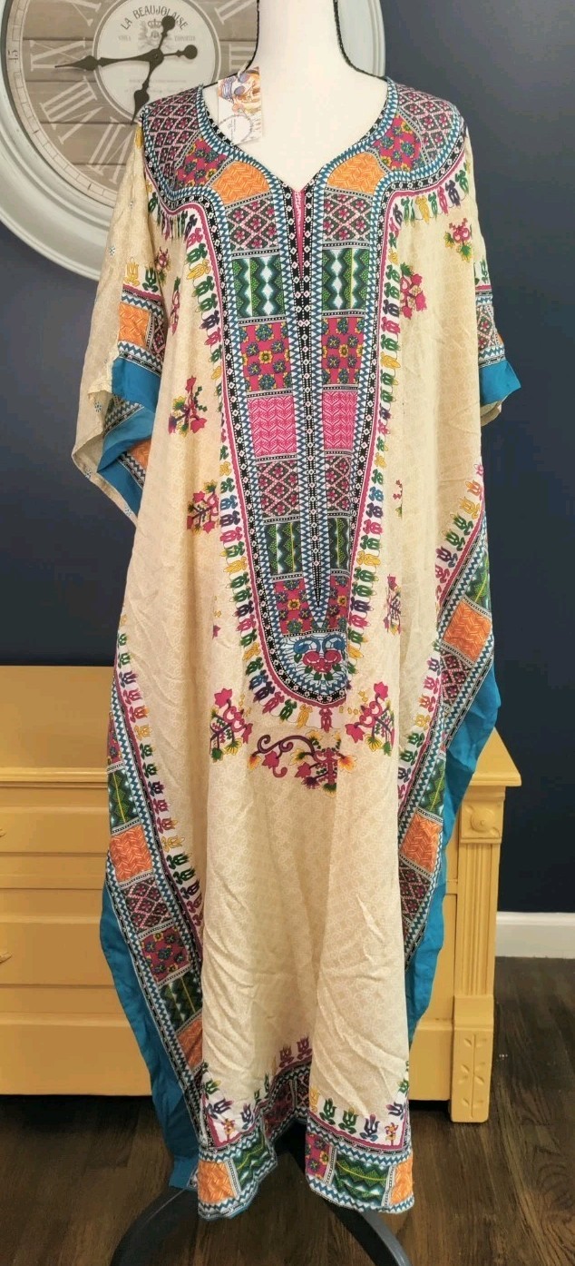 Gypsie Blu Kaftan Mumu Dress OS Boho Beach Floral Multicolor Resort Wear NWT