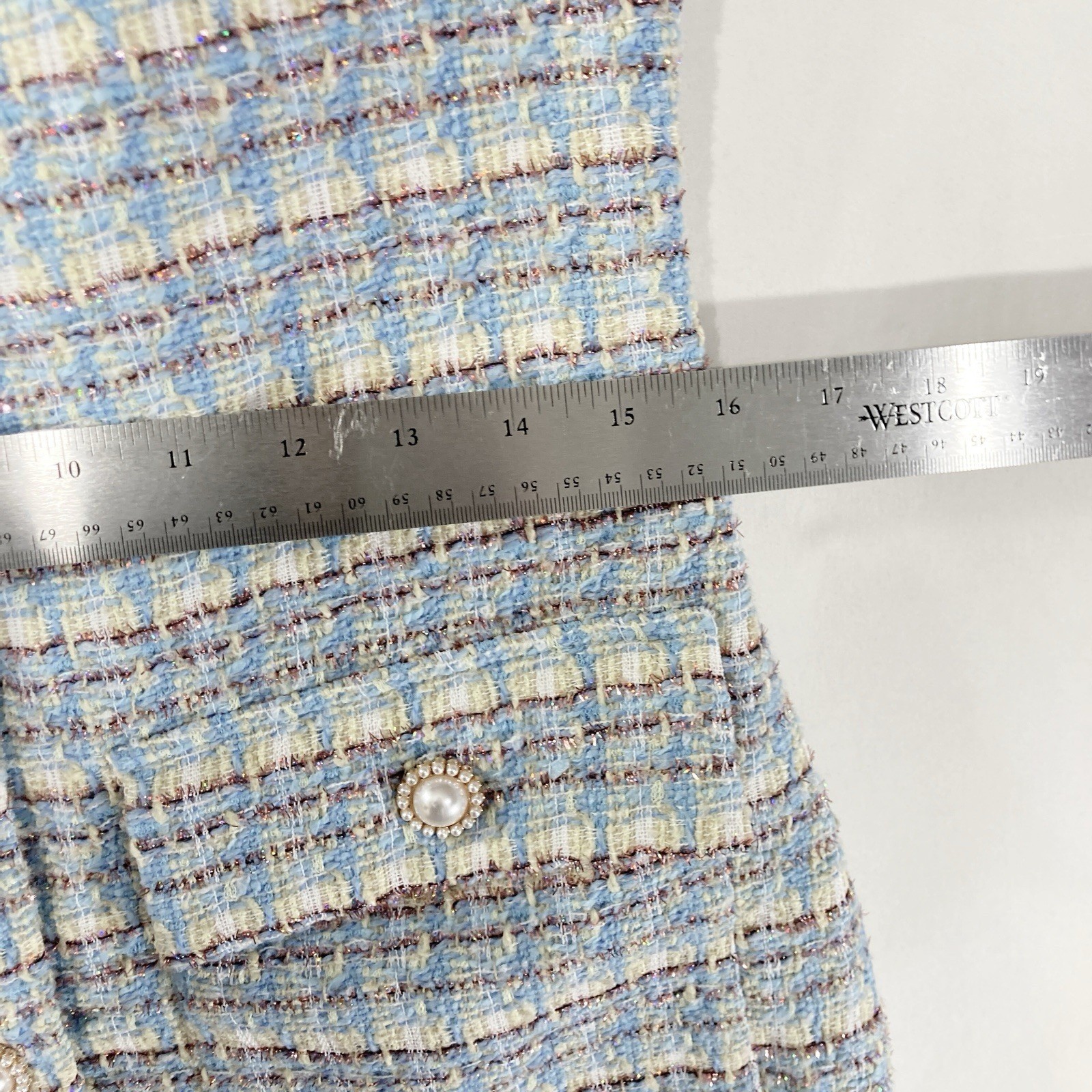 Euro Wool Tweed Pearl Button Front Woven Baby Blue Retro Dress Womens M NWT $140