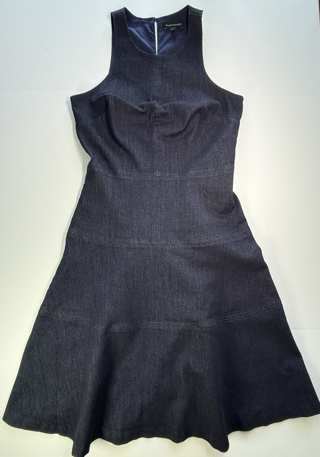 Banana Republic Size 10 Tall Blue Denim Solid A-Line Round Neck Zip Midi Dress