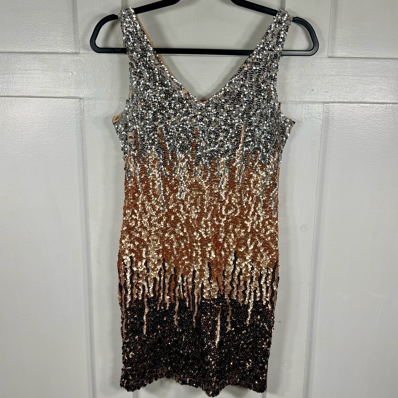 PrettyGuide Womens S Sparkly Sequin V Neck Sheath Mini Dress Copper Black Silver