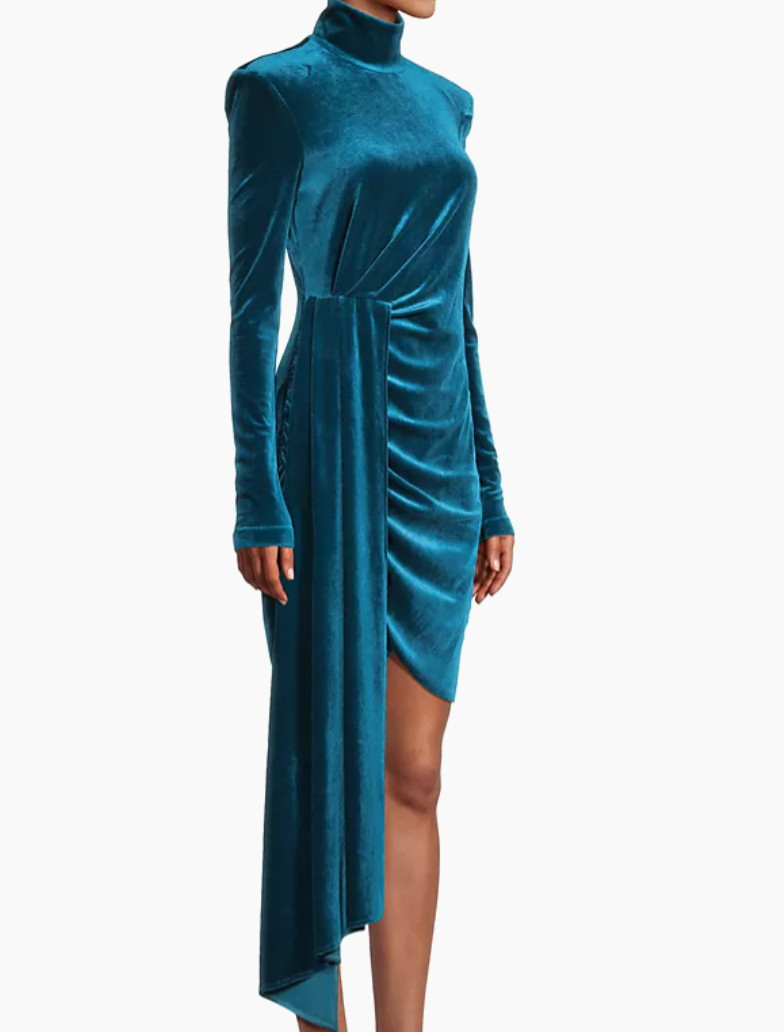 One33 Social Side-Drape Velvet Long-Sleeve Minidress Blue-Green Peacock Sz 4 NWT