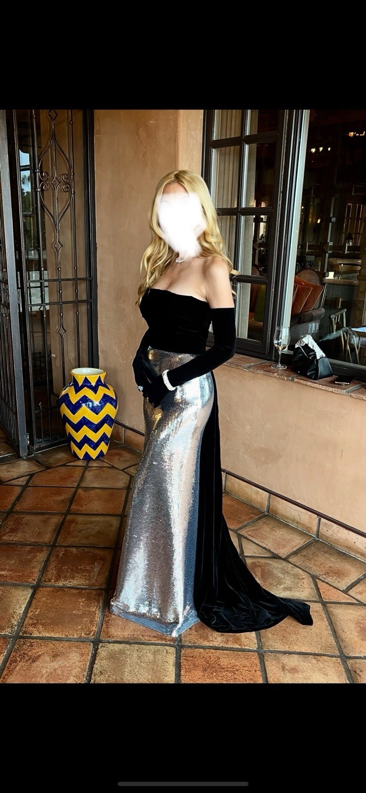Monique Lhuillier Strapless Sequin Silver & Black Velvet Gown Worn Once Size 4