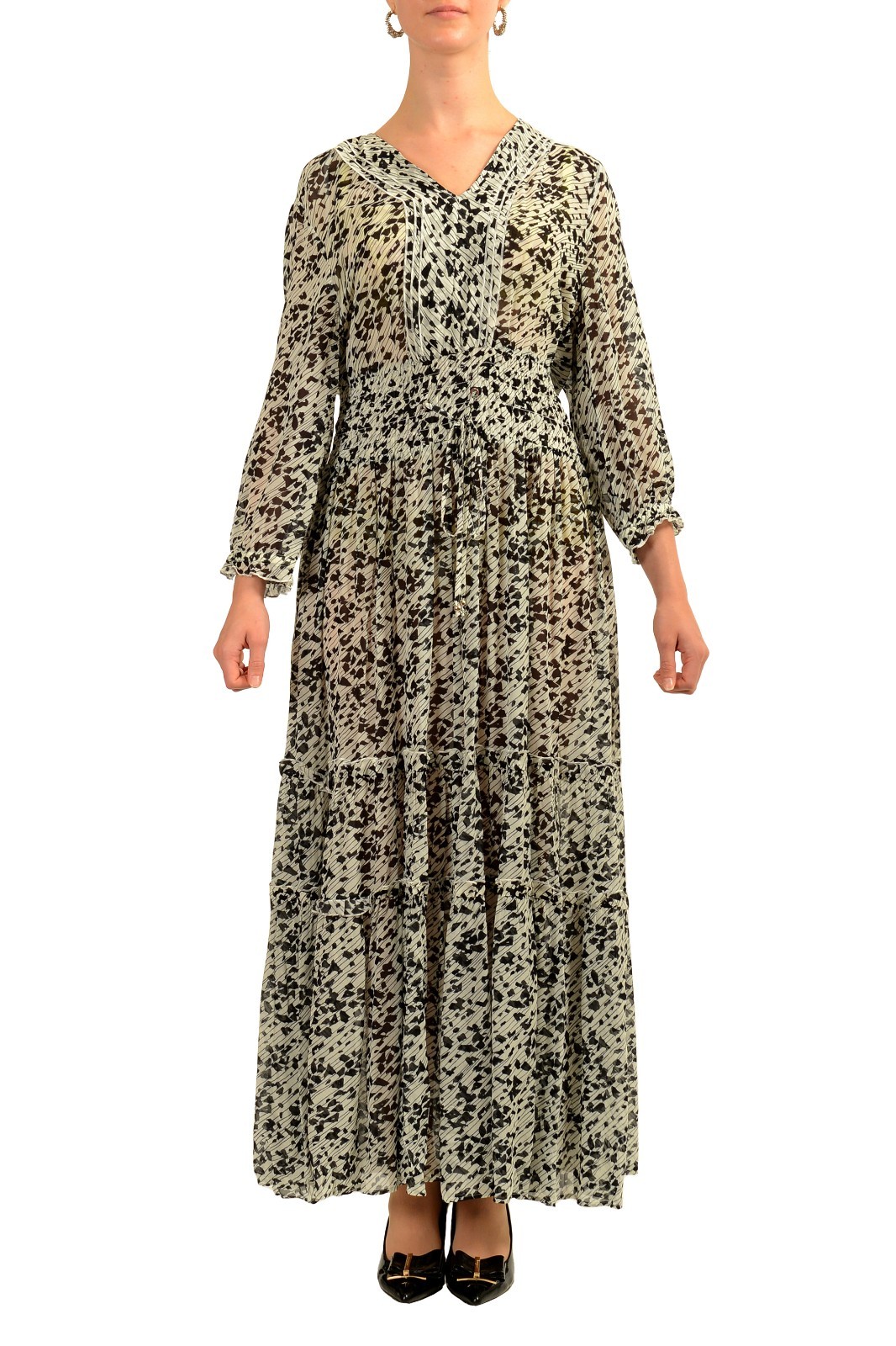 Hugo Boss Women’s “Dellima” Ruffled Geometric Print Long Dress US M IT 42