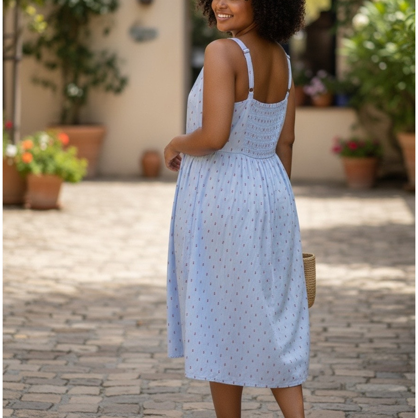 JunaRose Red Blue French Dot Midi Dress SIZE 24 Sundress Smocked Designer $69