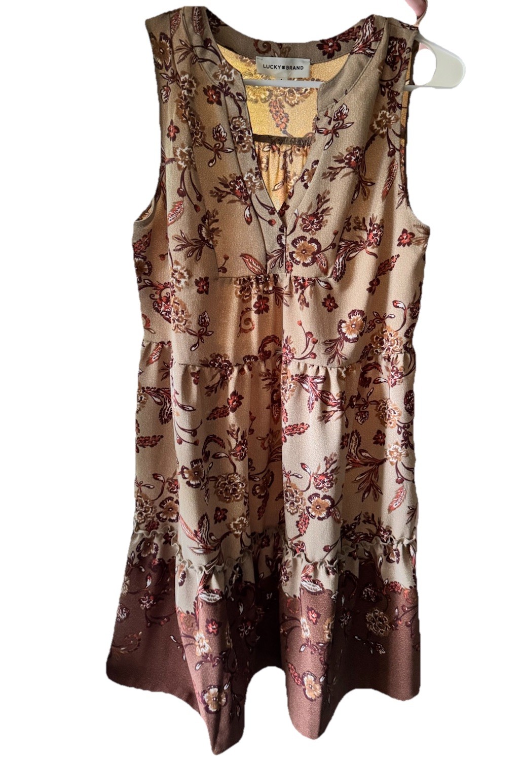 Lucky Brand S Sleeveless Floral Knee Dress Beige Brown V-Neck Pullover