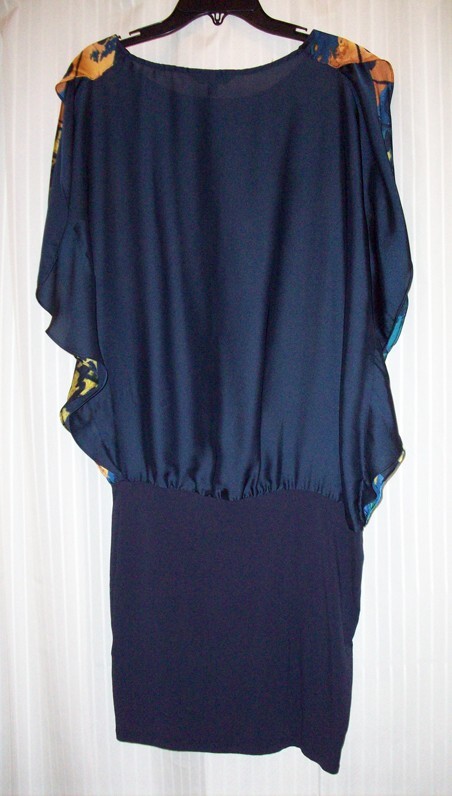 EXPRESS Butterfly Print Satin Flutter Sleeve Blouson Navy Blue XS Mini Dress EUC