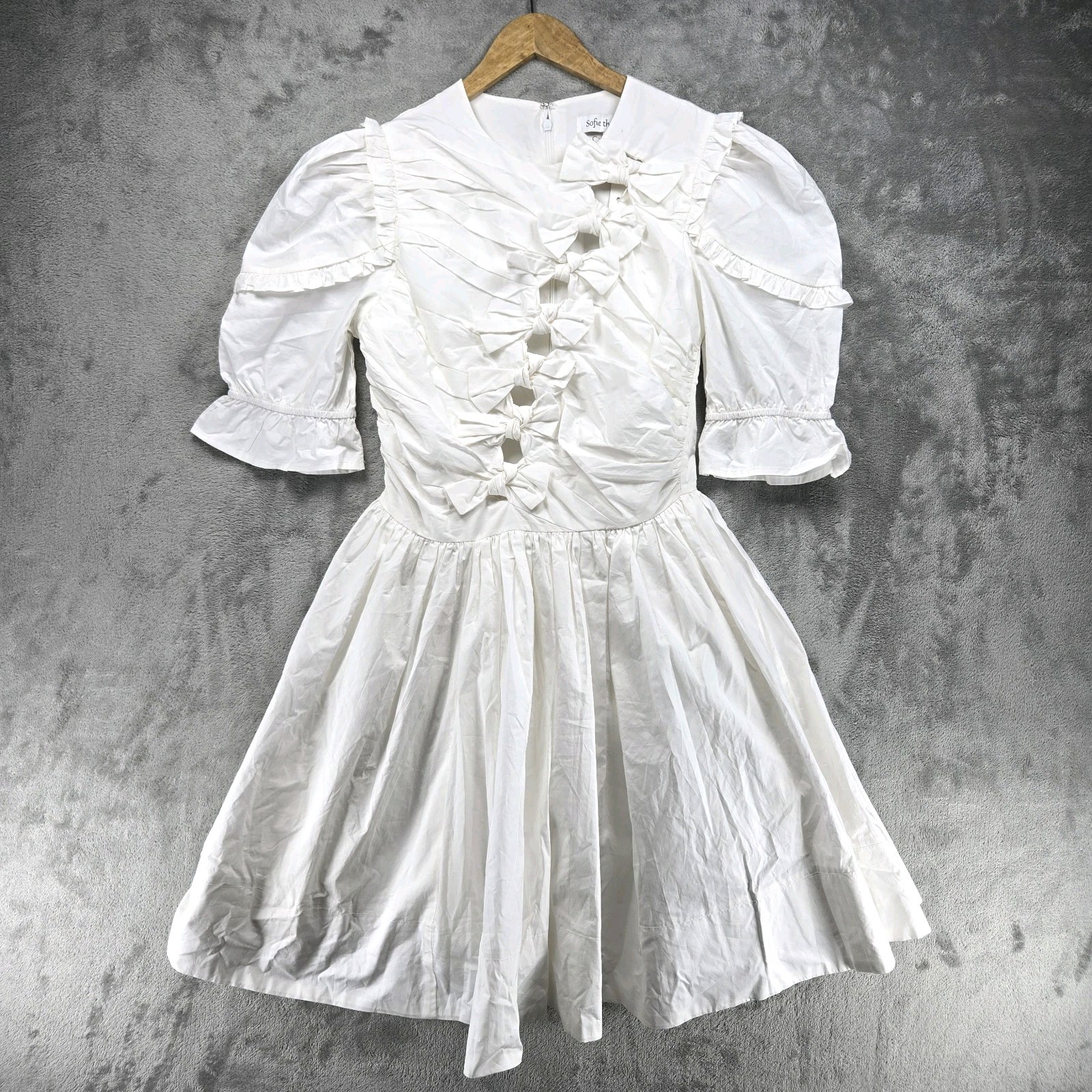 Sofie the Label Shimmer White Bow Dress Puff Sleeve Size Small In Ivory NWT