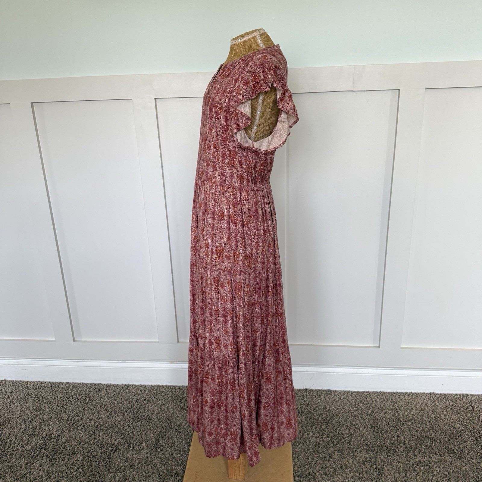Sweet Magnolia Tiered Maxi Dress MEDIUM Red Short Sleeve Boho Peasant Southwest