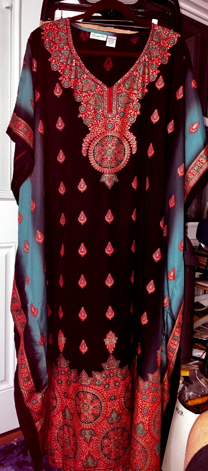 NEW NWT MUMU 2X 3X SANTE KAFTAN CAFTAN HOUSE DRESS BLACK RED &TEAL #HJ