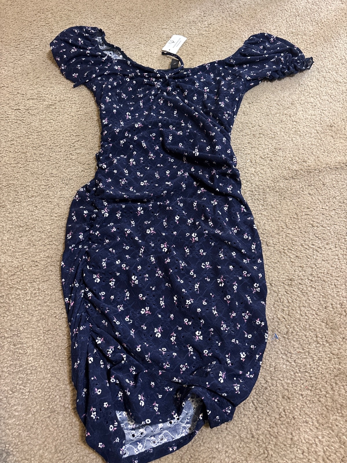 Windsor Blue Ruched Bodycon Lined Mini Dress Mesh Ruffle Lg Ruched NWT Boho