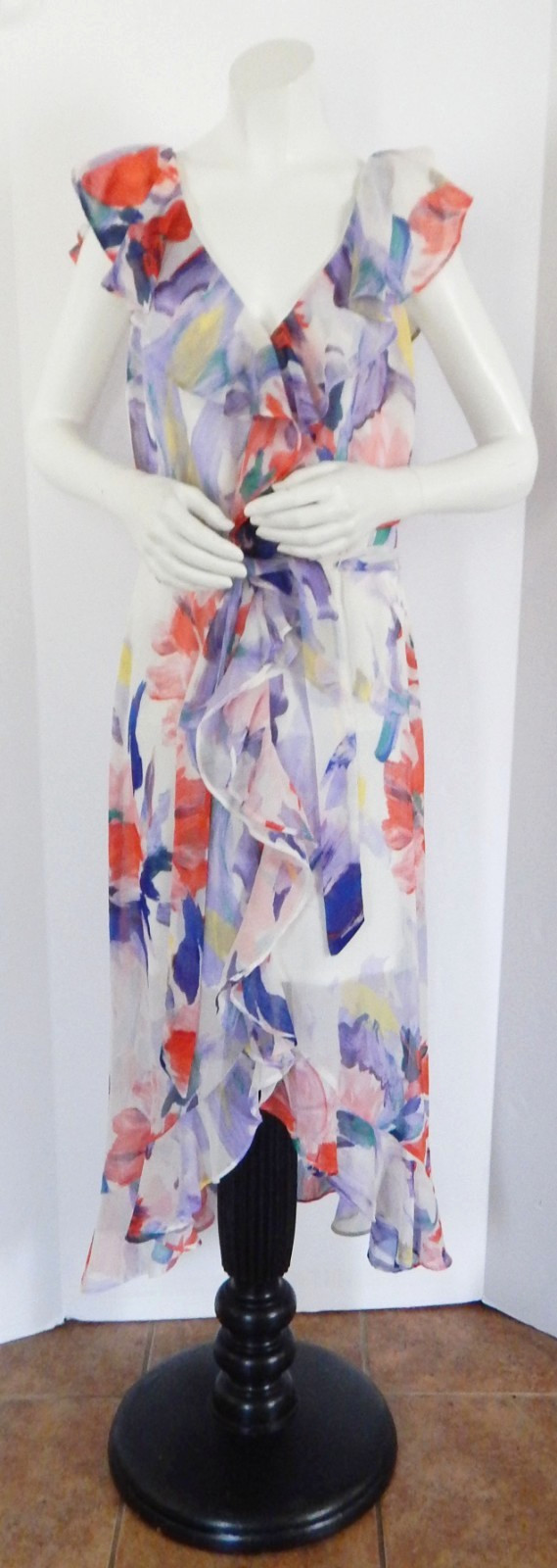 Harper Rose Watercolor Floral Ruffle V-Neck Lined Below Knee Dress Size 4