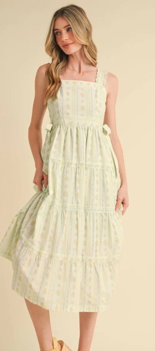 NWT &Merci RUFFLED STRAP FLORAL DRESS WITH SIDE TYING BOWS – Chartreuse Yellow