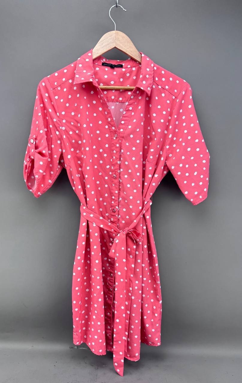 Adrienne Vittadini Womens Pink Polka Dot Belted Dress Size L