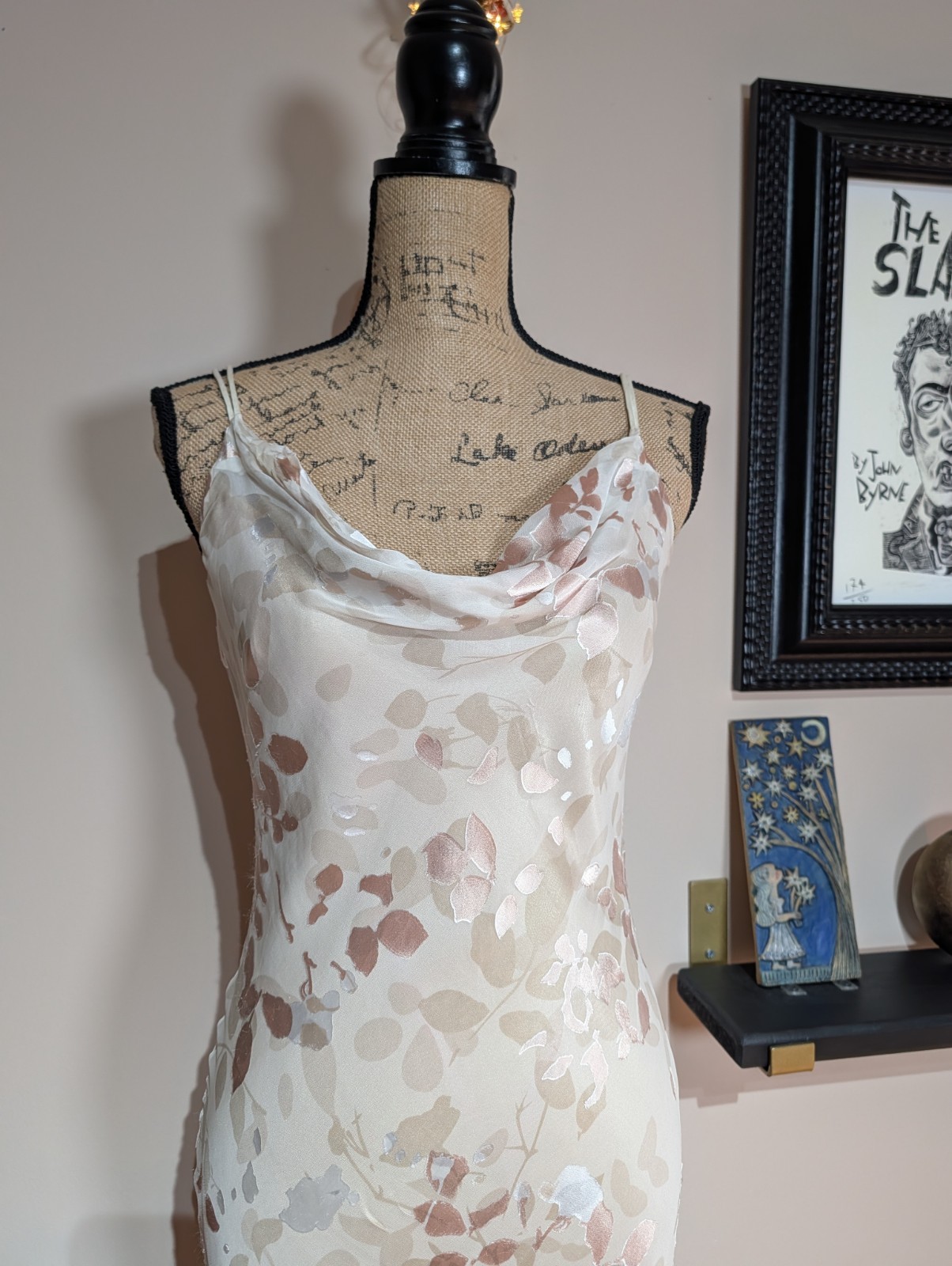 Vintage 90s Monsoon Long Bias Cut Burn Out Floral Slip Dress UK 10/12 (US 8)