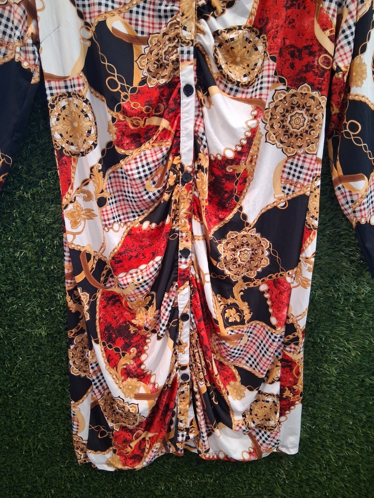 Absolutely Love It Baroque Chain Print Shirt Dress Ruched Plus Size 3X Red Gold