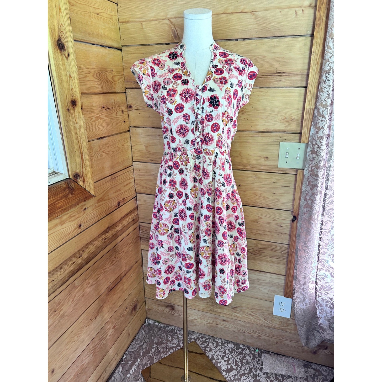 Vintage Floral Cap Sleeve Dress Womens Size 10 Pink Orange Retro Boho Midi TEMT