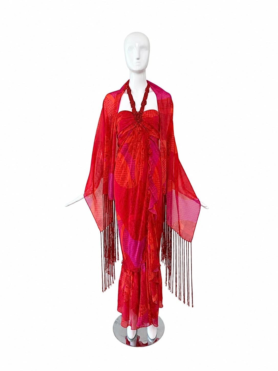 ICEBERG 2006 Vintage Runway Silk Embellished Ruffle Gown + Shawl Maxi Dress