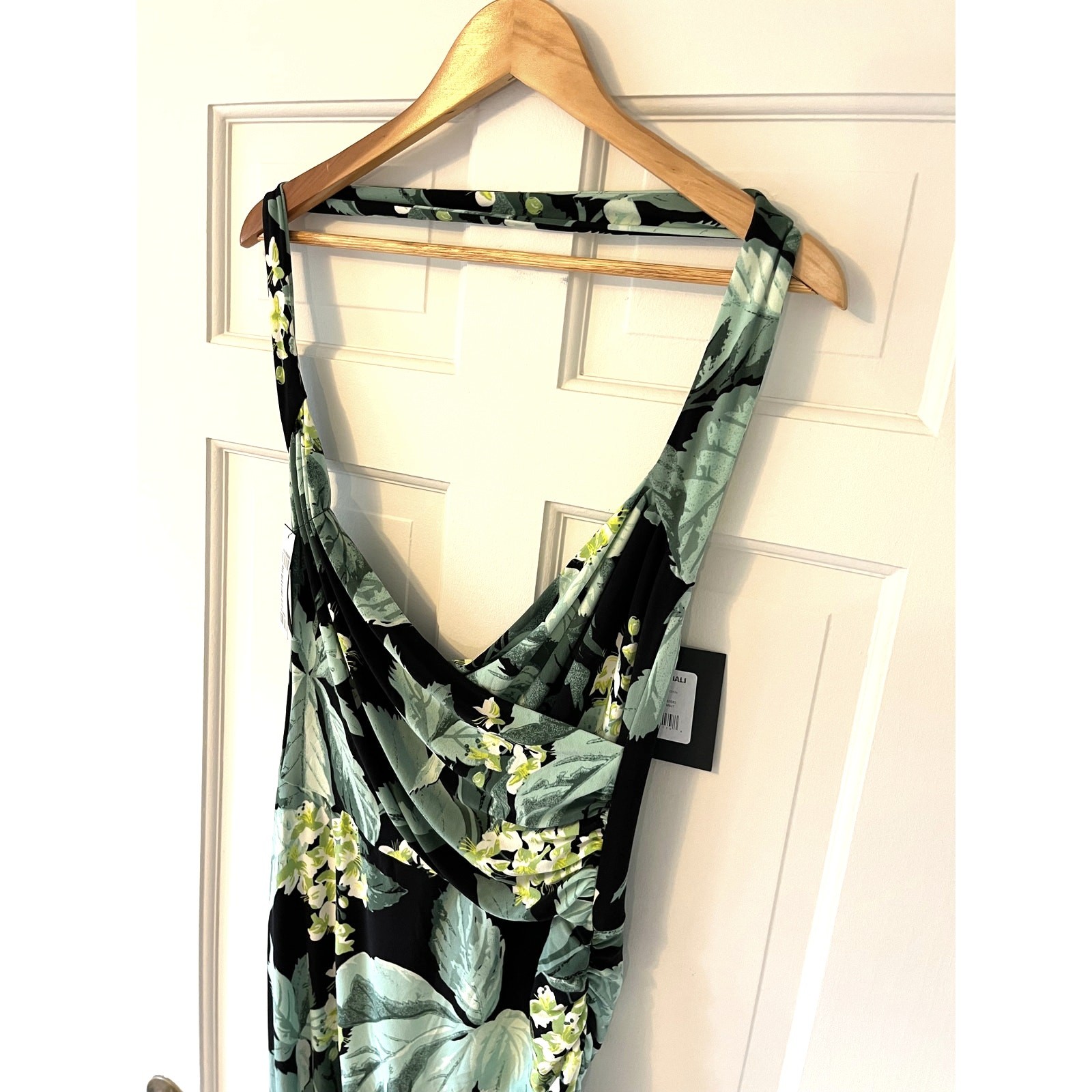 Norma Kamali Cayla Side Drape Halter Maxi Dress XL NWT Tropical Mint Floral Gown