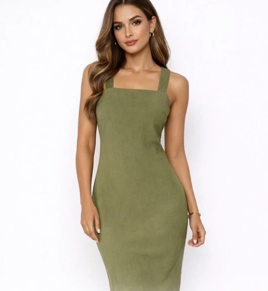 The Drop Women’s Amelia Rib Knit Midi Tank Dress Side Slits Olive Green Large