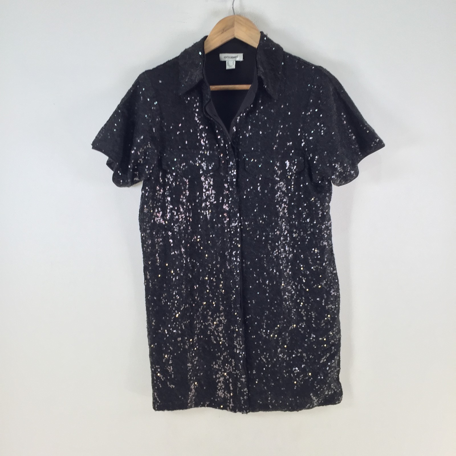 Extro Vert shirt dress mini womens 6 black sequin short sleeve collar 116962