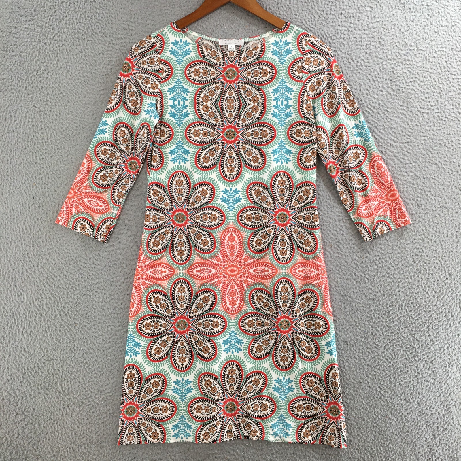 London Style Collection Sheath Dress Womens 4 Floral Print 3/4 Sleeve Multicolor