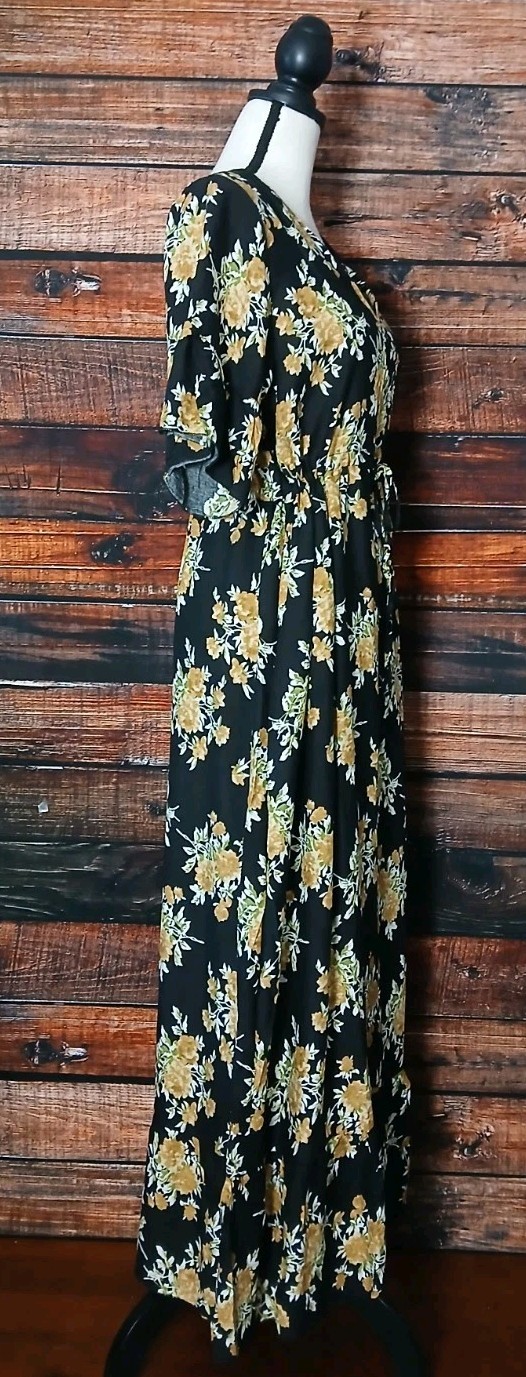 Seven Islands Maxi Dress M Oversized Black Floral Rayon Drawstring Waist NWT