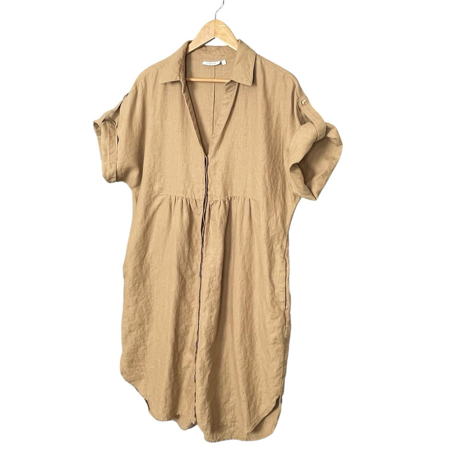 Chicos Minimalist Linen Roll Tab Sleeve Dress Womens 2 12 Euro Summer Coastal