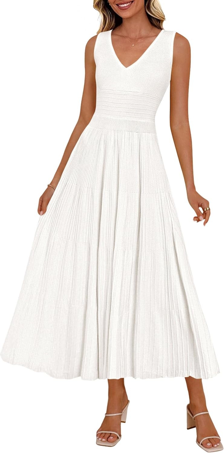 Summer Dresses for Women 2026 Spring Casual Sleeveless V Neck Pleated Midi Work