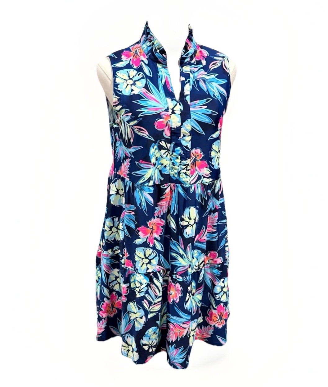 Women’s Aryeh Laison Navy Tropical Print Tiered Ruffle V-Neck Dress +UPF 50 XS