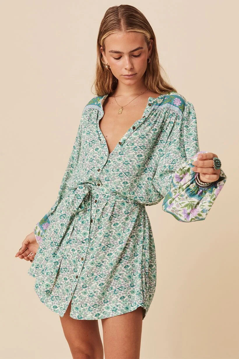 Spell & The Gypsy ~ Sienna Tunic Jade Mini Dress + Waist Tie XXL 14 16 18