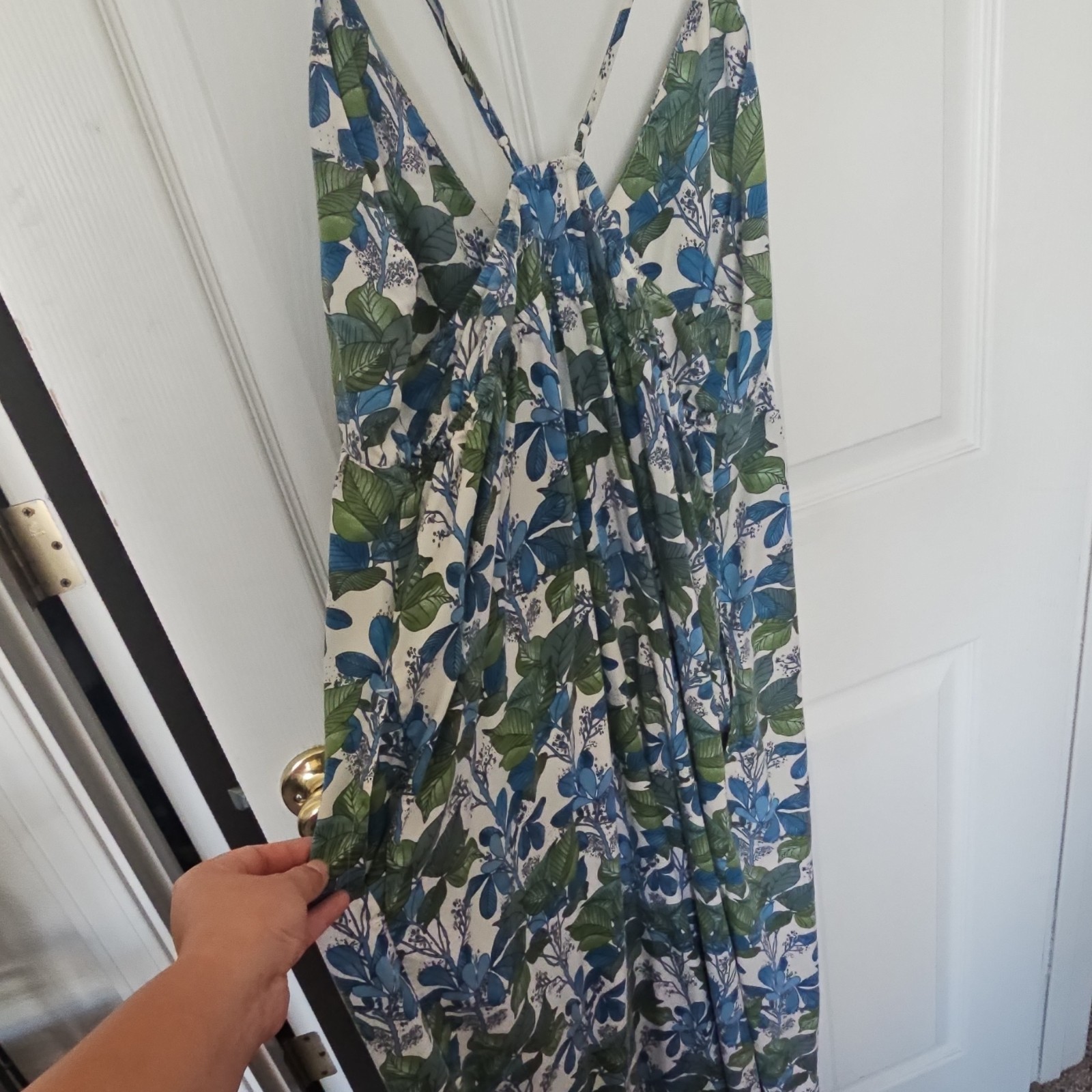 Pataloha Blue Green White Floral V-Neck Strappy Sleeveless Maxi Dress Pockets M