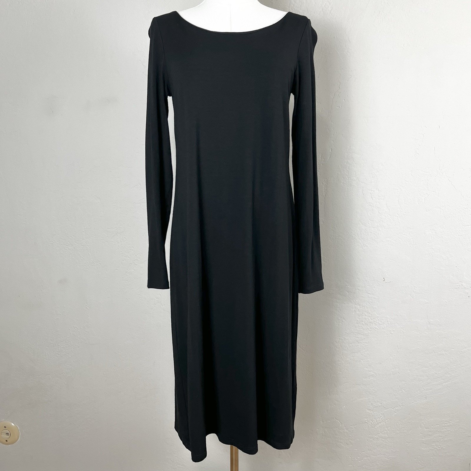 Eileen Fisher Size XS Midi Dress Jersey Long Sleeve Boat Neck Minimalist Black