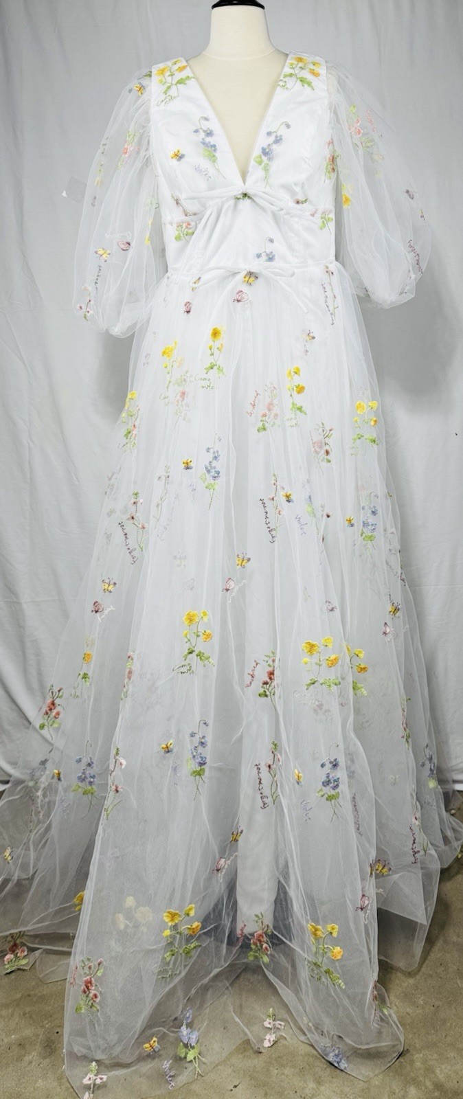 Whimsical Wildflower Embroidered Dress Tulle Puffy Sleeve Corset Back Size M