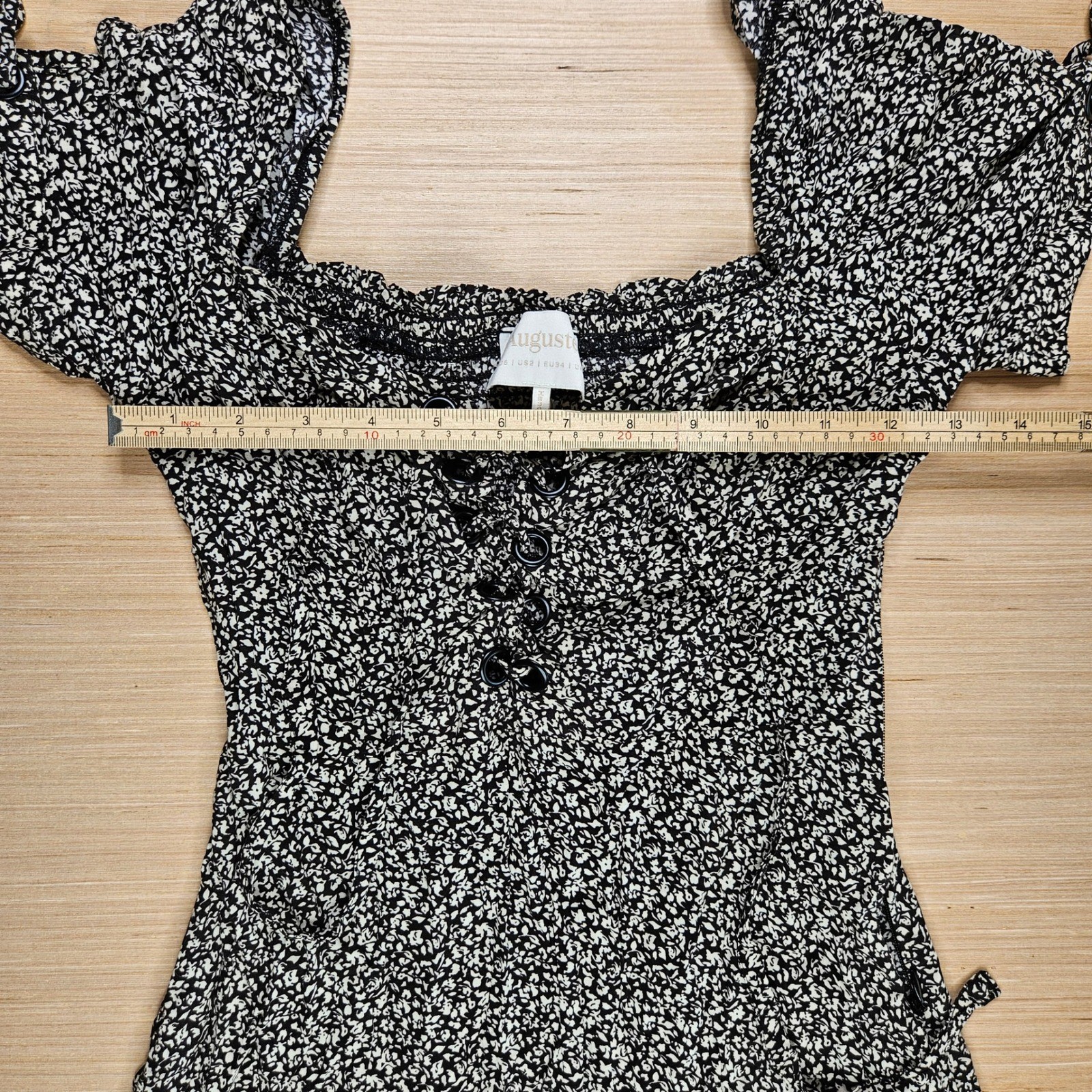 Cottagecore Auguste Mini Dress Women 2 Black Floral Lace Up Short Sleeve Boho