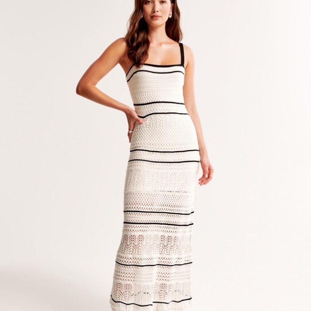 Abercrombie & Fitch Crochet Maxi Dress Size M Beige Black NWT