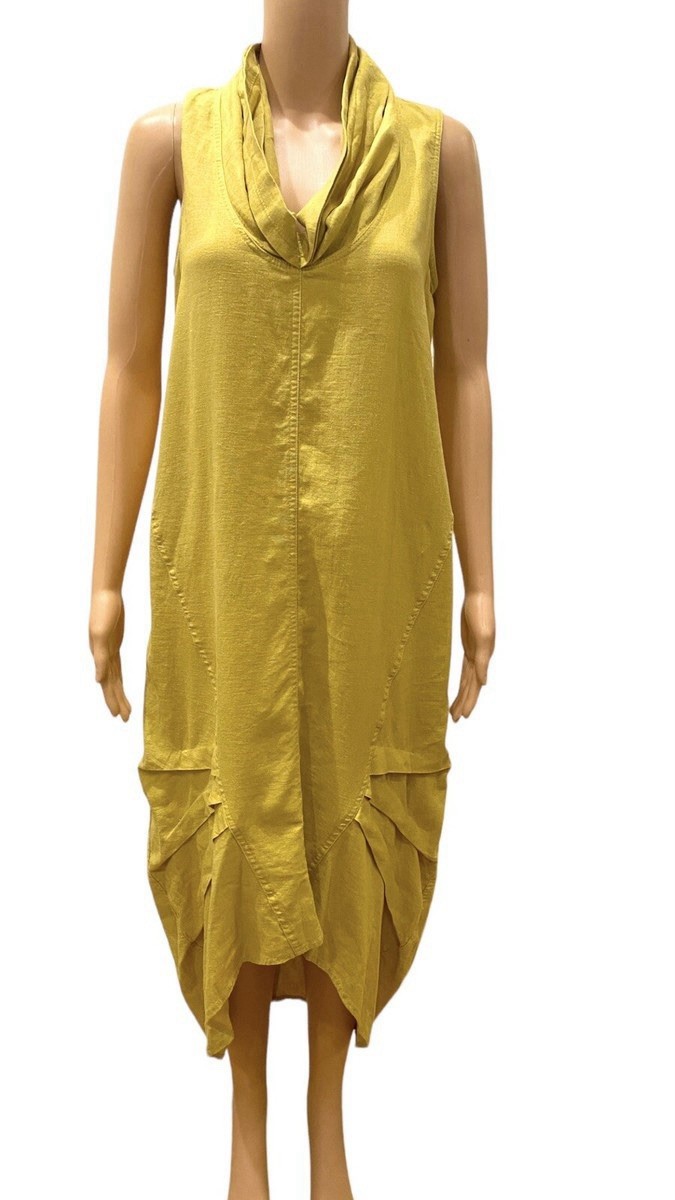 For Cynthia Women’s yellow linen blend dress cowl neck hi-low Size M
