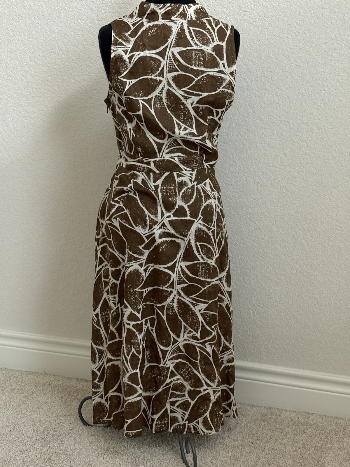 Rafaela 100% Linen Crossover V-neck Sleeveless Midi Brown Leaf Print Boho Chic