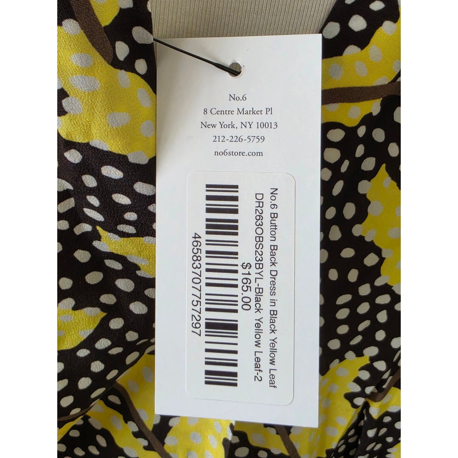 No.6 Store Button Back Dress Black Yellow Leaf Polka Dot Midi Pockets Size 2