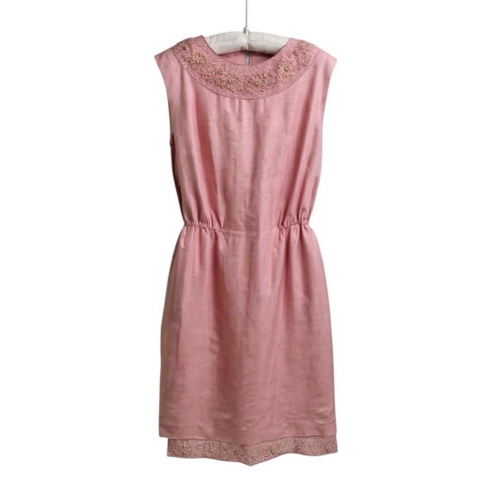 Vintage Pink Hand Beaded Cocktail Dress | Pearls Silk | 60’s Jackie O Glam