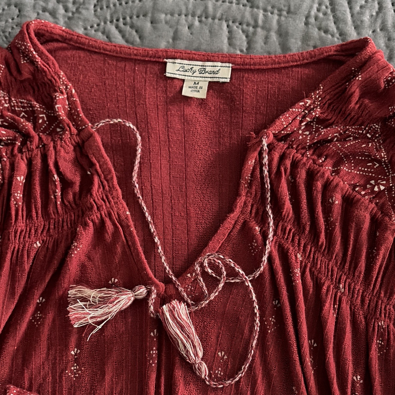 Lucky Brand Women’s Juniors M Red Geometric V-Neck Shirt Dress Tassel Tie