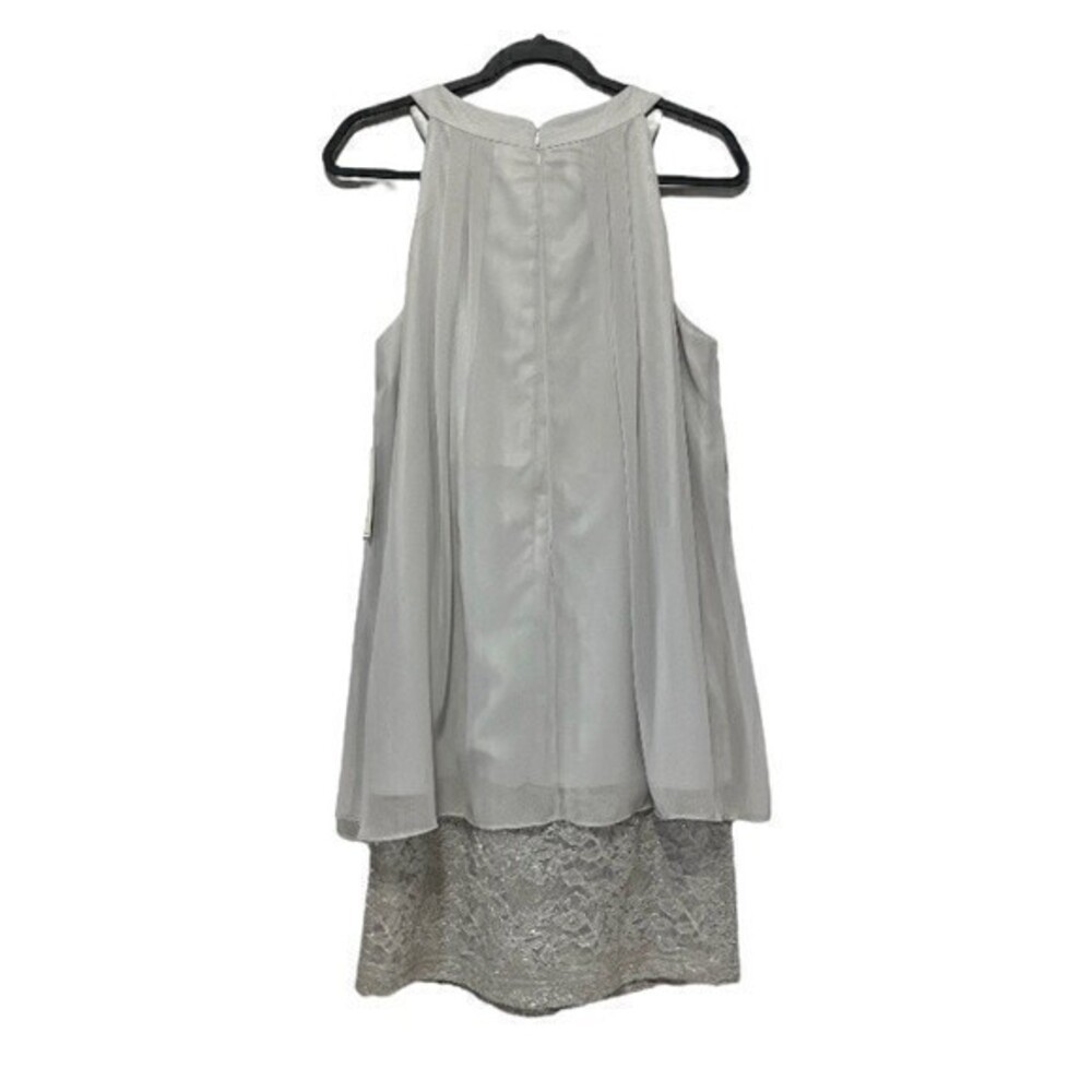 J Howard Silver Beaded Neckline Chiffon Overlay Lace Dress Size 12 NWT Flawed
