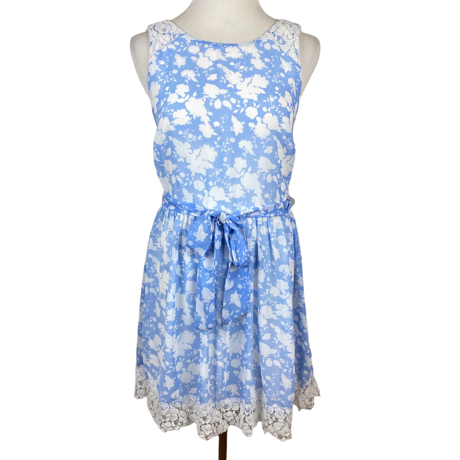 Disney Alice Dress Medium Blue White Colleen Atwood A-Line Belted Floral Lace