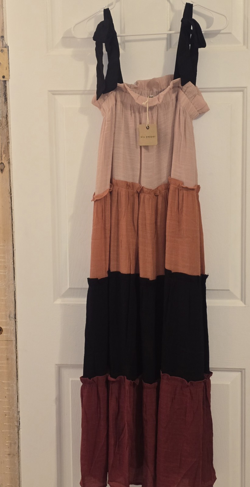 NWT BLU PEPPER Colorblock Tiered Maxi Dress Large Pink Orange Black Red