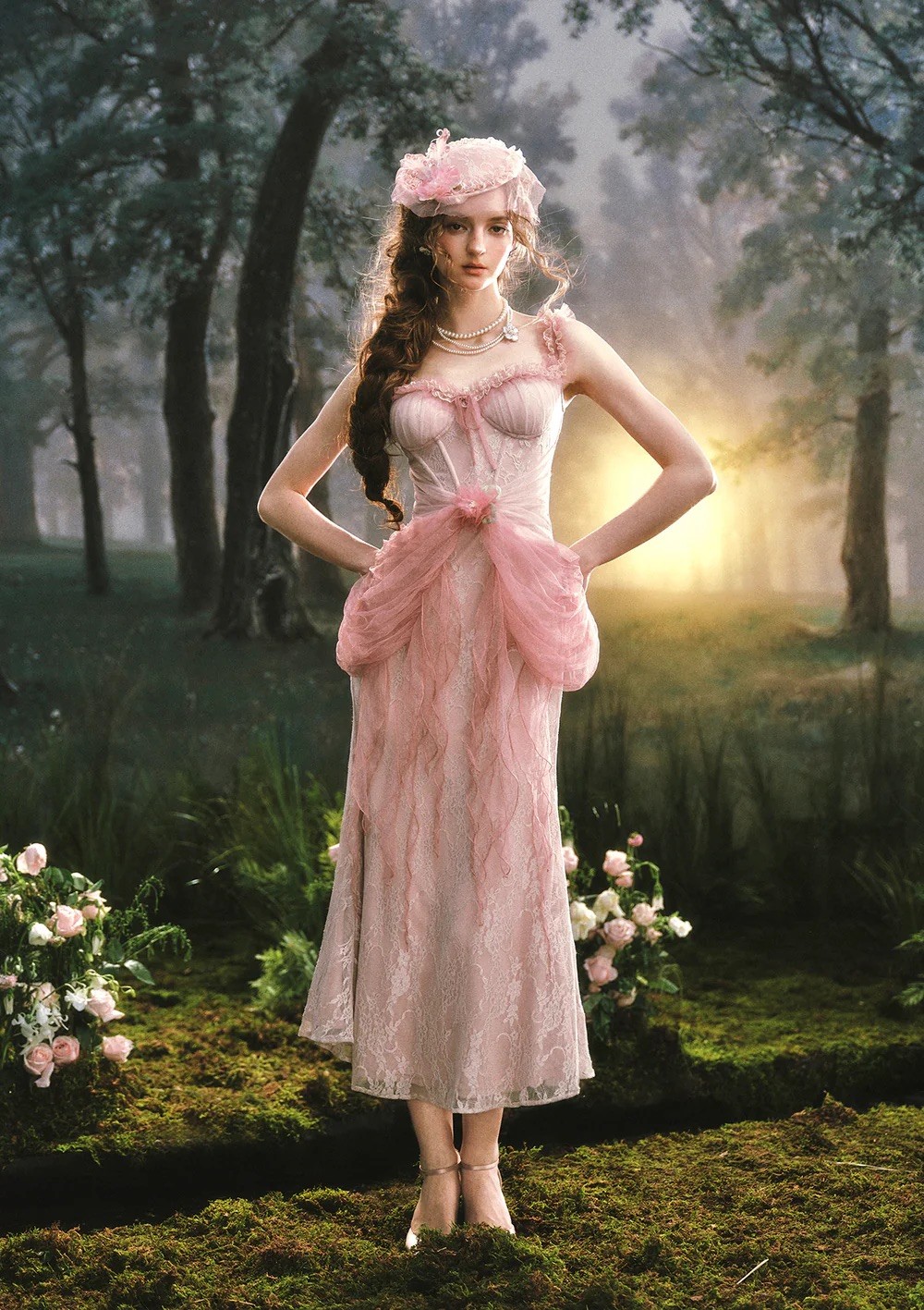 NWT Lacemade Pink Crabapple Blossom Corset Dress Size Medium