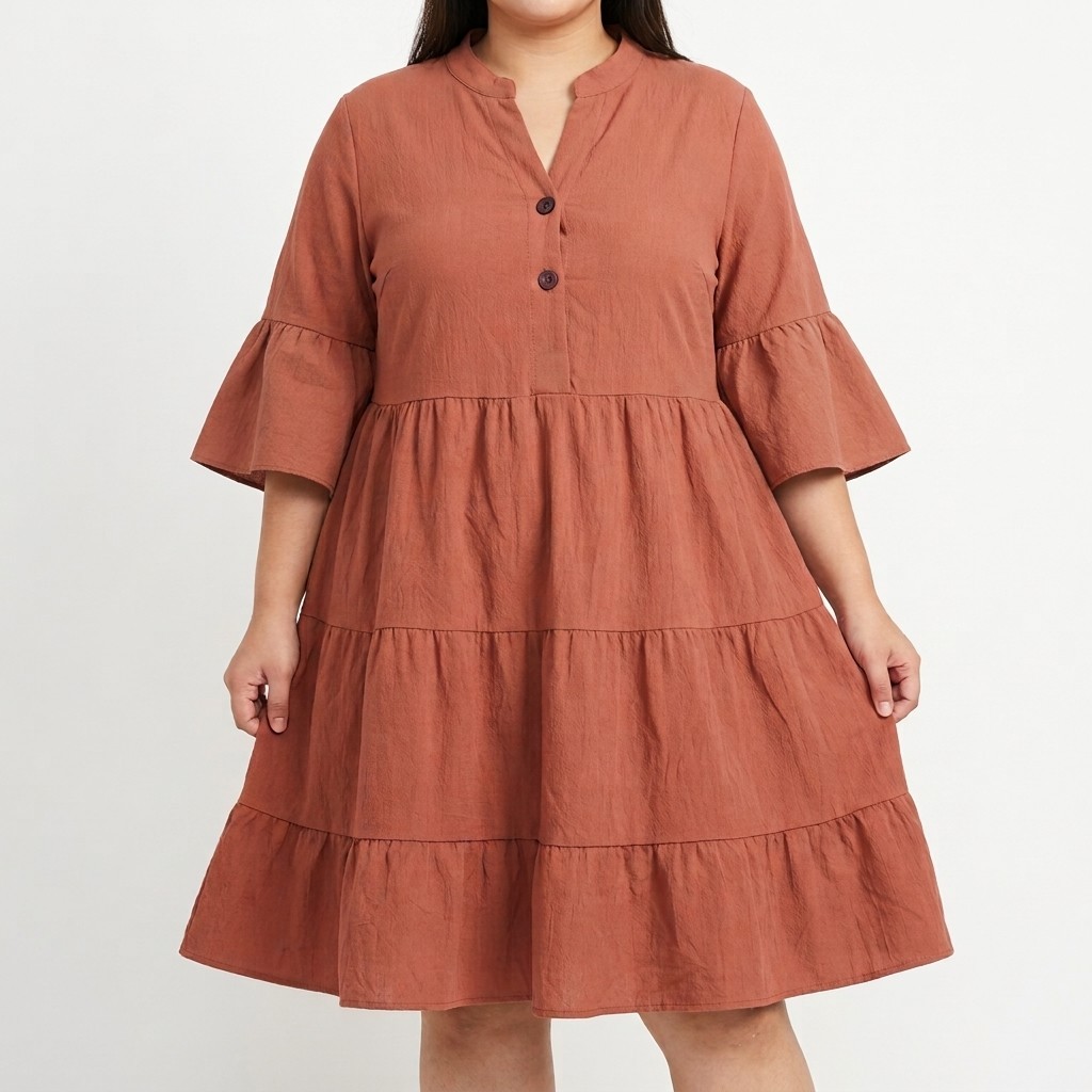 New Curve Tiered Shift Women’s Dress 2XL Brown Bell Sleeve Midi Textured Boho