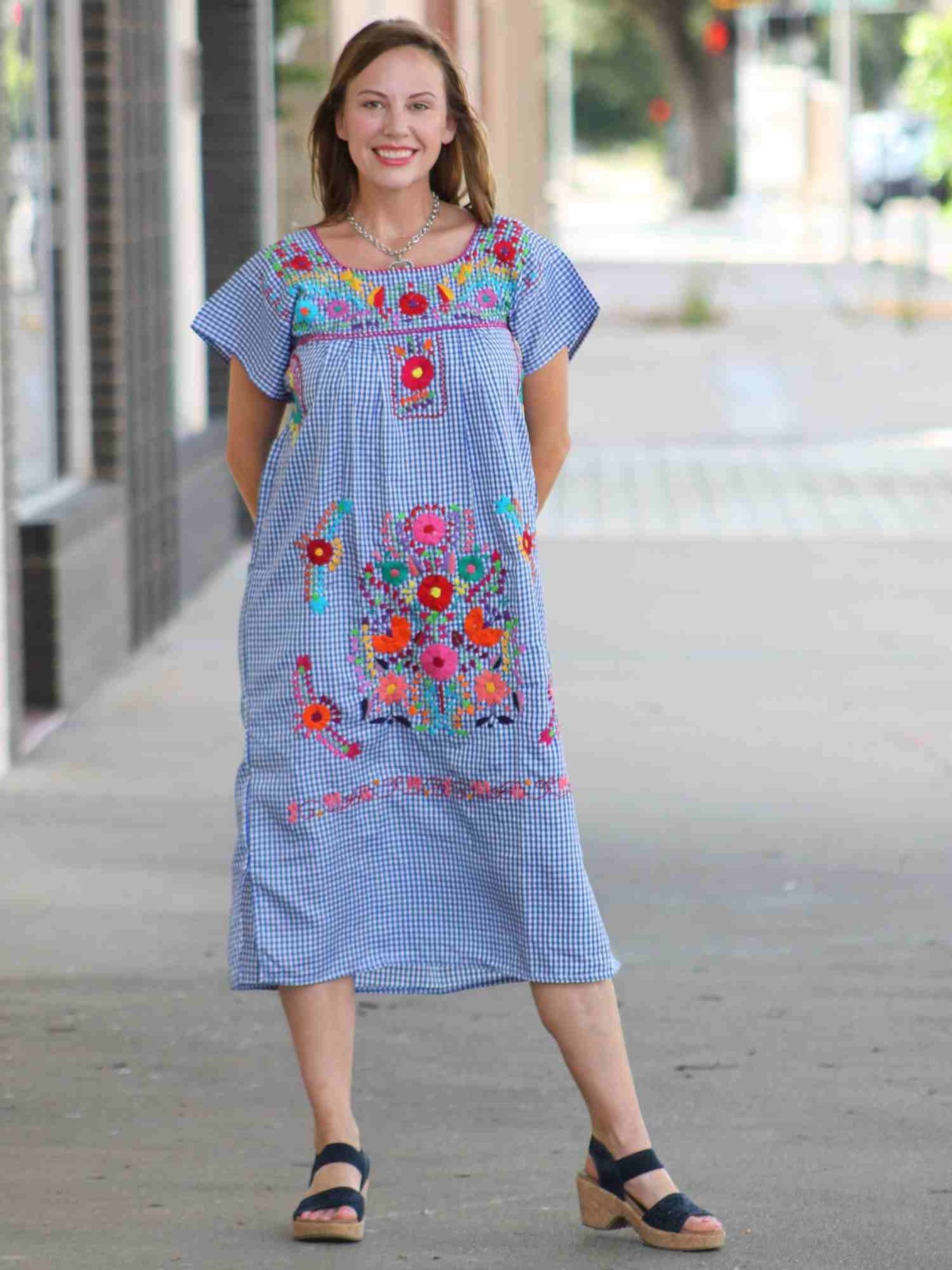 Mexican Embroidered Gingham Dress Handmade in Puebla S–2XL Blue Floral