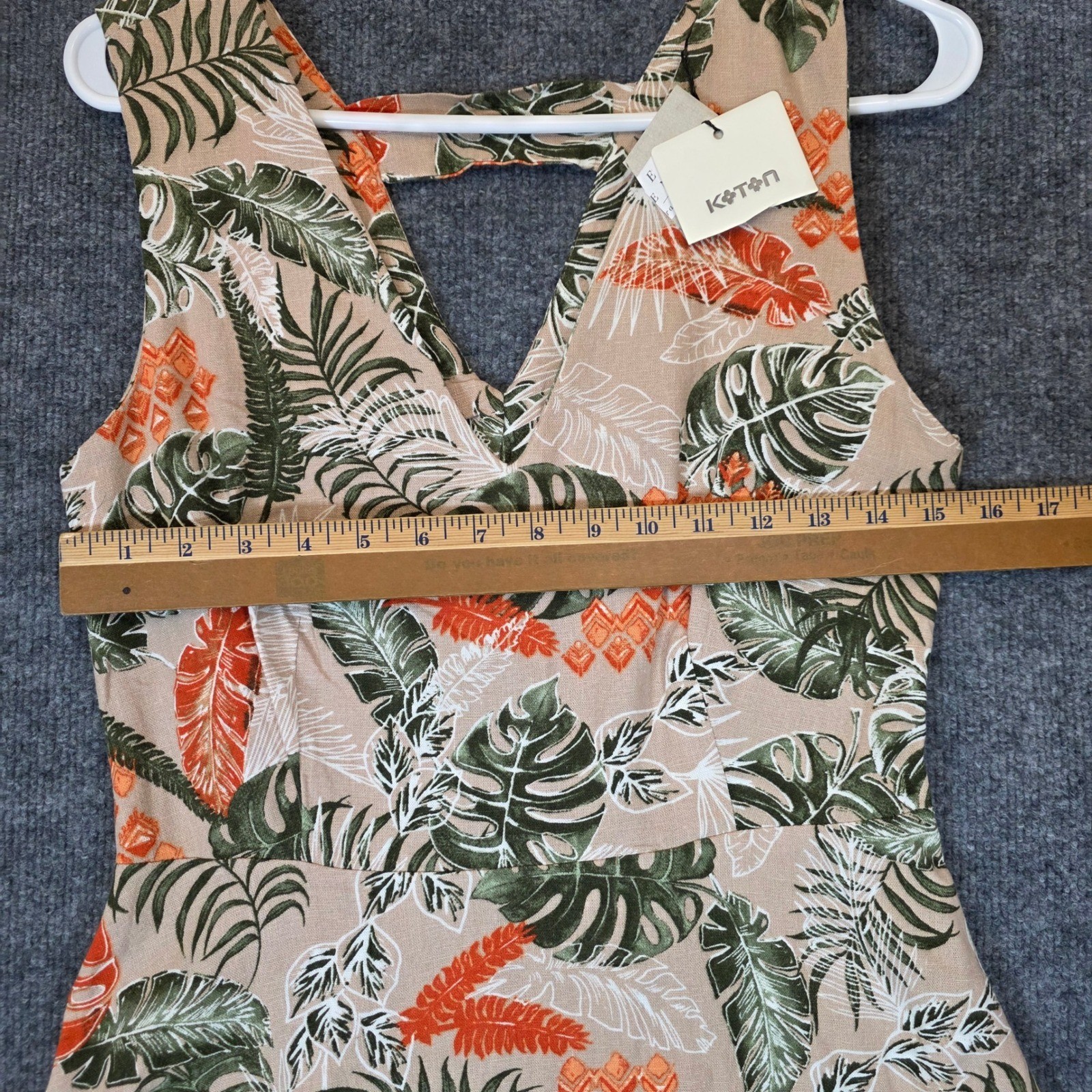 Koton Tropical Leaf Print Midi Dress Women EUR 38 US 6 Beige Green Orange V-Neck