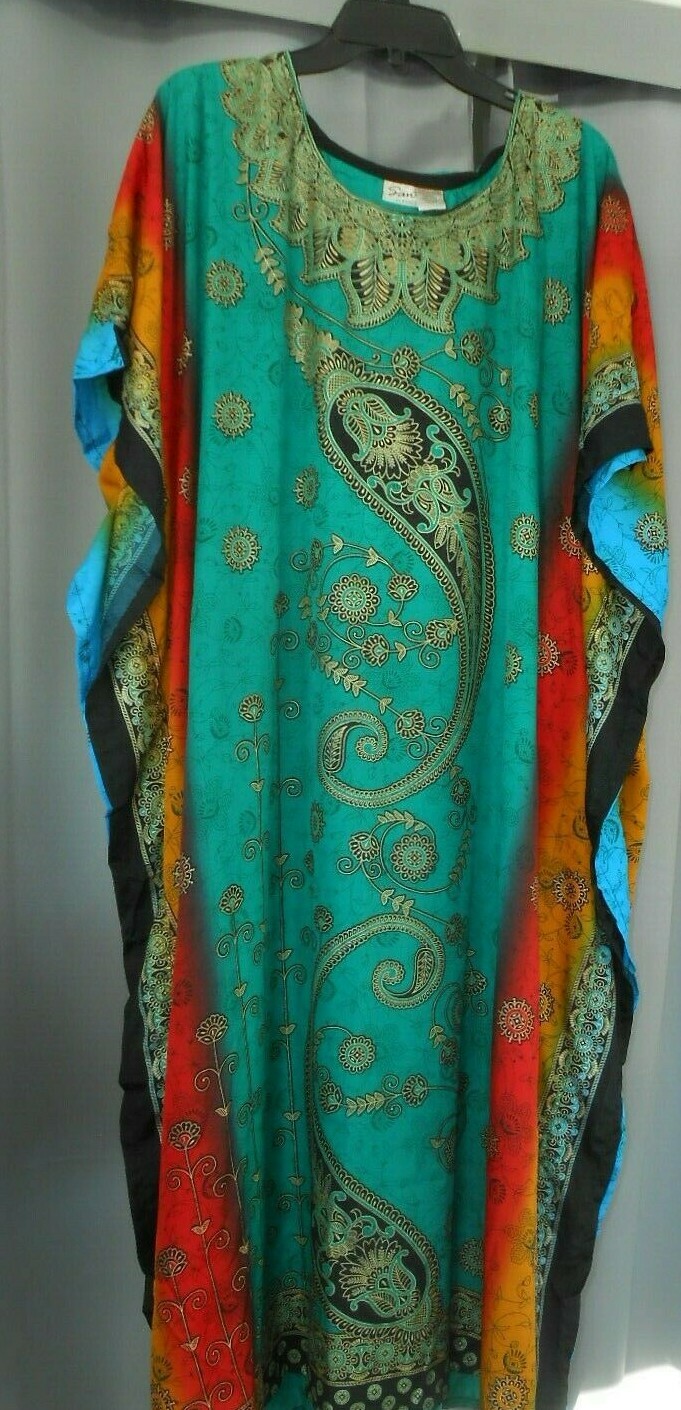 NEW SANTE MUMU 2X 3X CAFTAN HOUSE DRESS TEAL RED GOLD RAINBOW PAISLEY MICRO