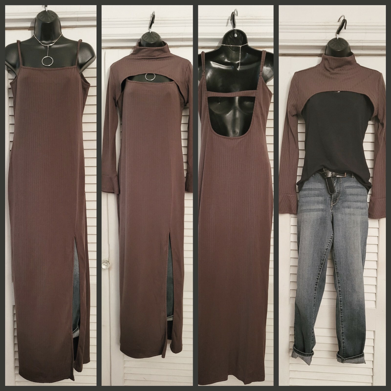 2 Piece Mocha Brown Ribbed Mock Neck Cutout Front Back High Split Maxi Dress L