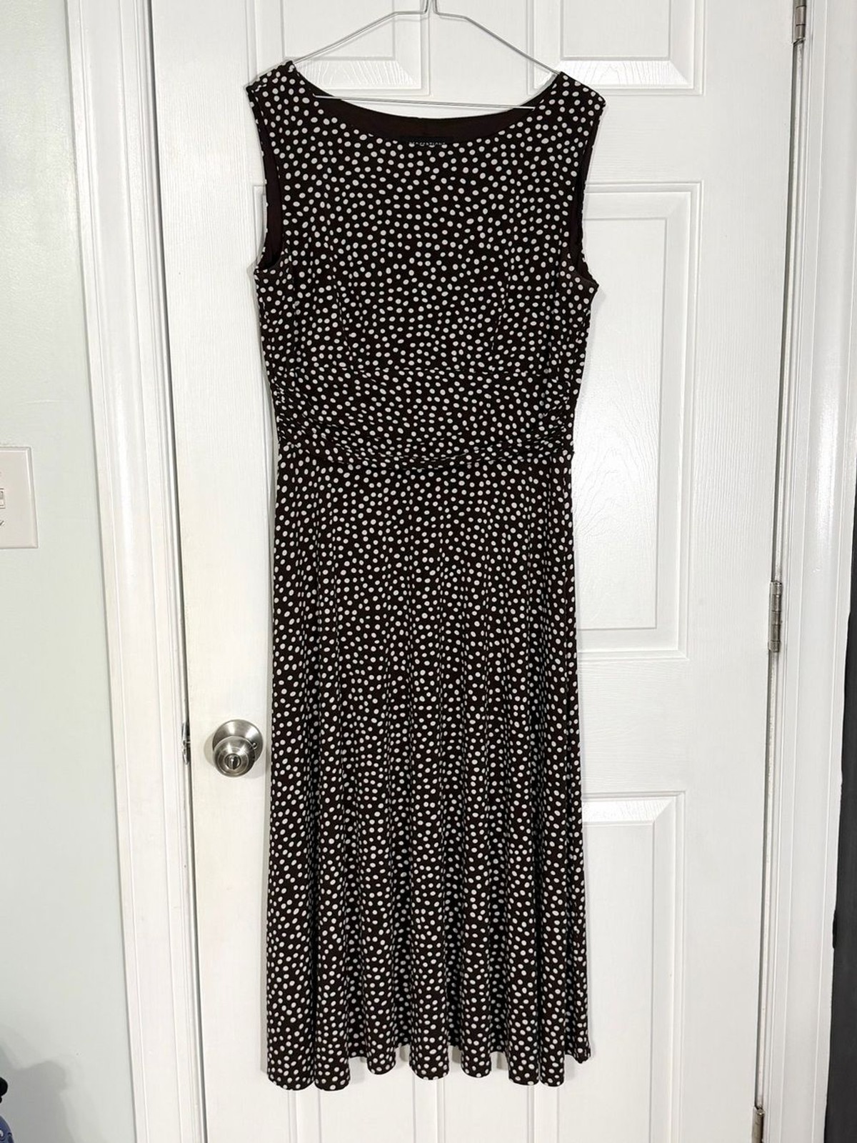 Perceptions NY Brown & White Polka Dot Sleeveless Midi Dress – Size 12